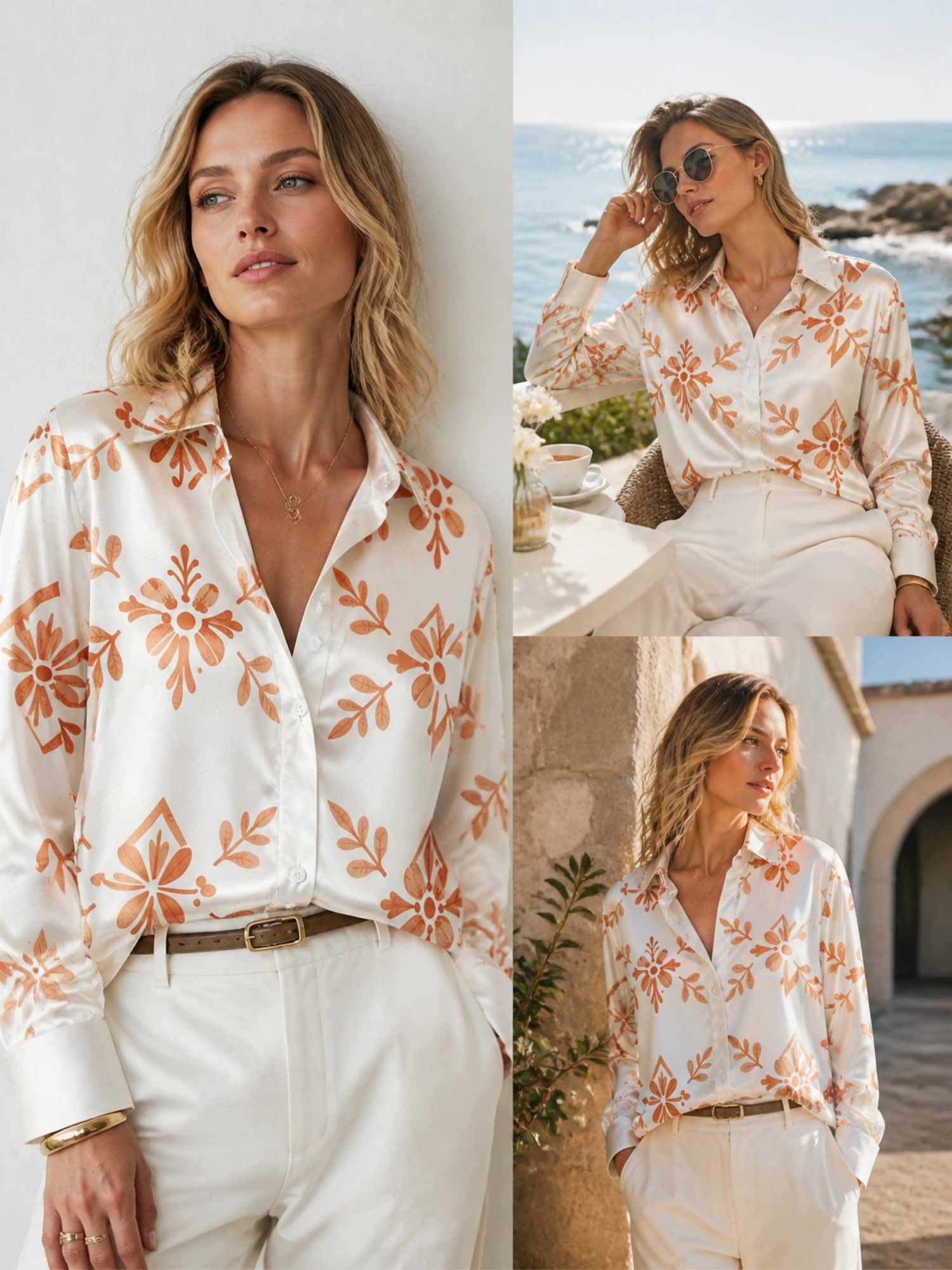 Cream Orange Floral Satin Blou - Resort Shirt Floral incelemesi ve fiyatı