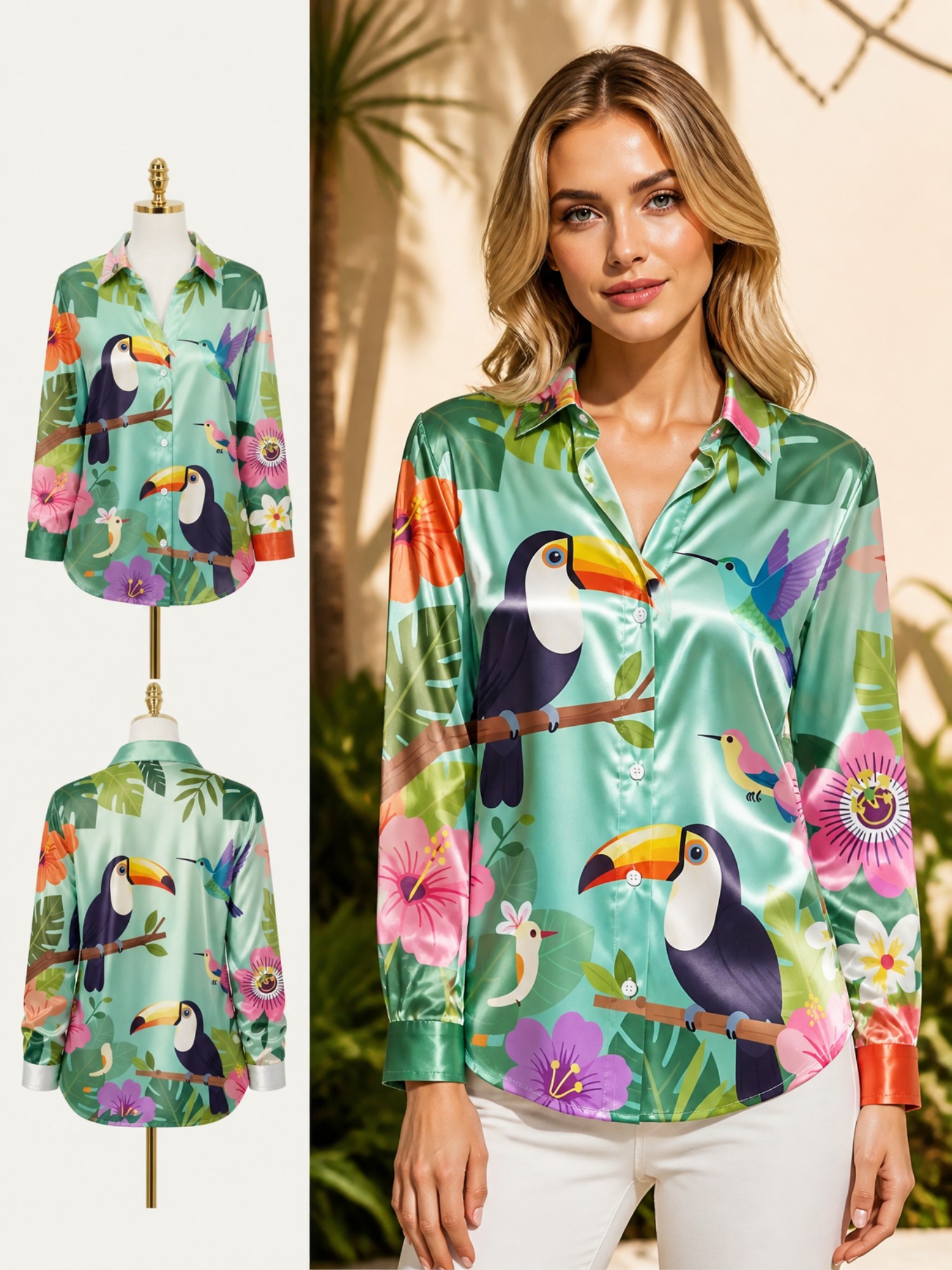 Mint Toucan Satin Button Shirt - Resort Shirt Floral incelemesi ve fiyatı