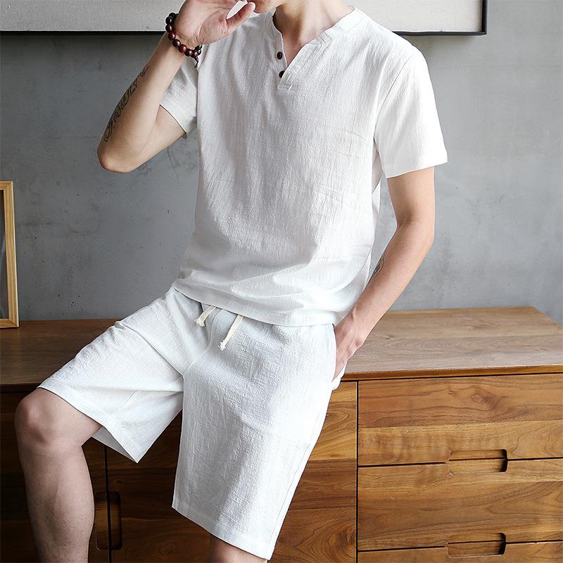 Men's Cotton Linen Set T-shirt - Linen Shirt Breathable incelemesi ve fiyatı