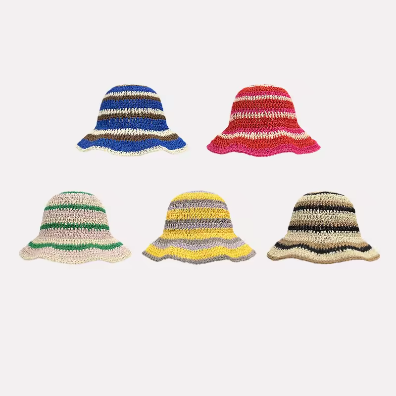 New Striped Knitted Straw Croc - Bucket Hat Straw incelemesi ve fiyatı