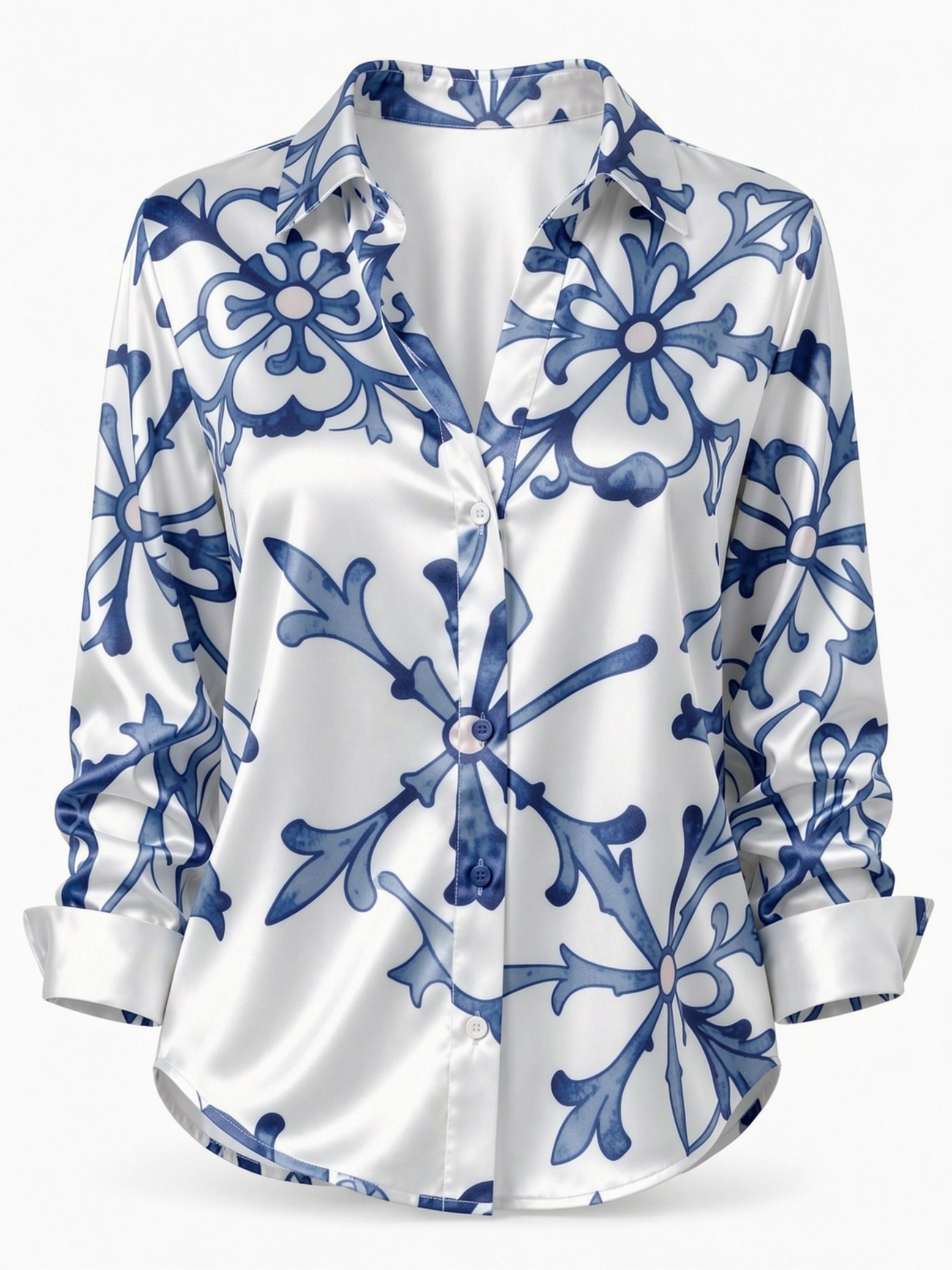 Blue Porcelain Floral Satin Bl - Resort Shirt Floral incelemesi ve fiyatı