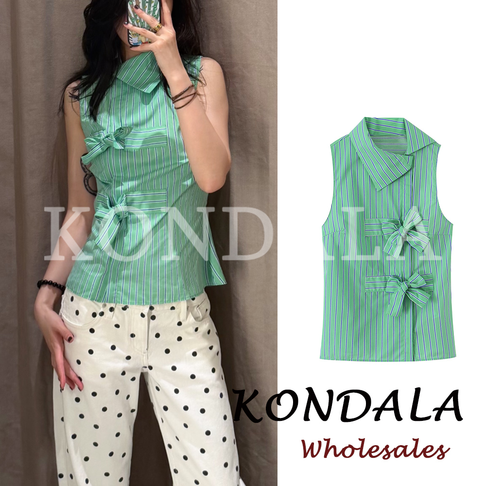KONDALA Chic Striped Green Y2K - Shirt Camp Collar incelemesi ve fiyatı