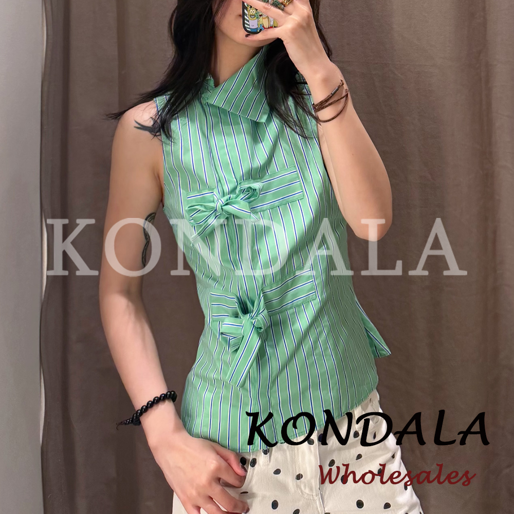 KONDALA Chic Striped Green Y2K - Shirt Camp Collar incelemesi ve fiyatı