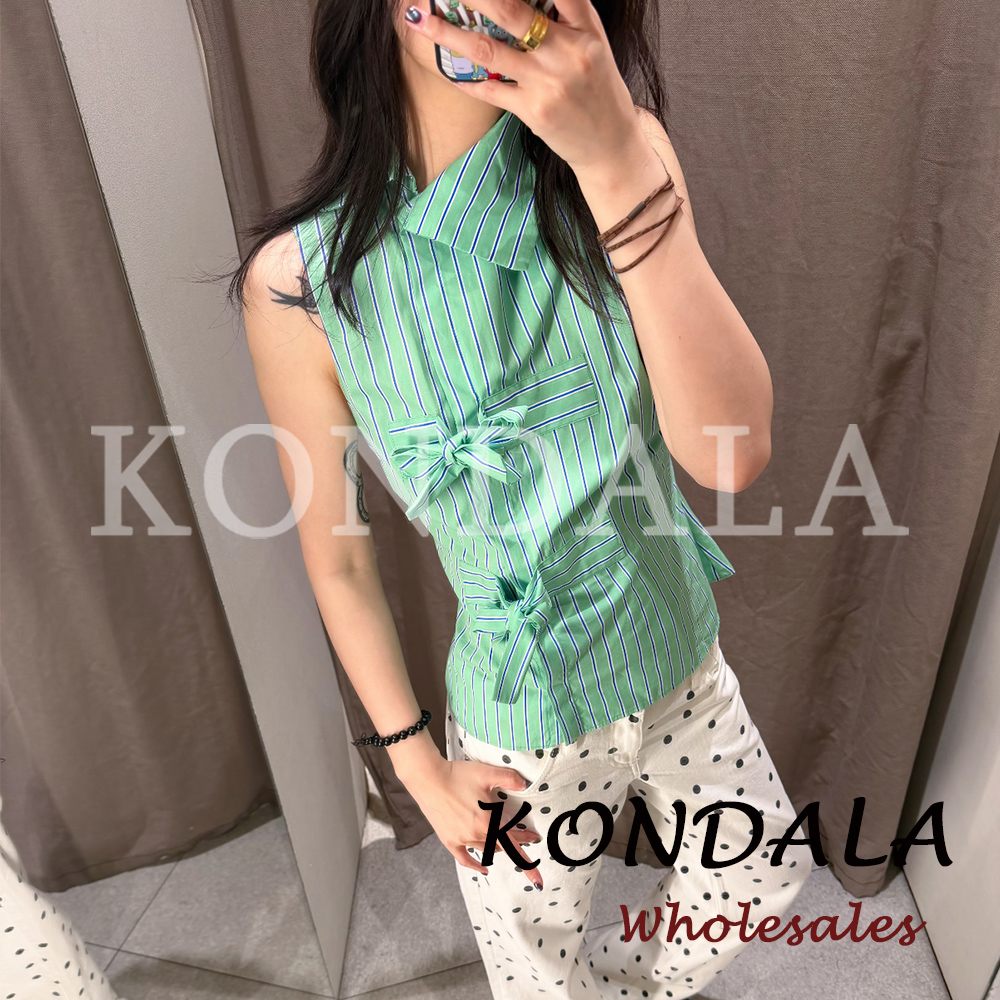 KONDALA Chic Striped Green Y2K - Shirt Camp Collar incelemesi ve fiyatı