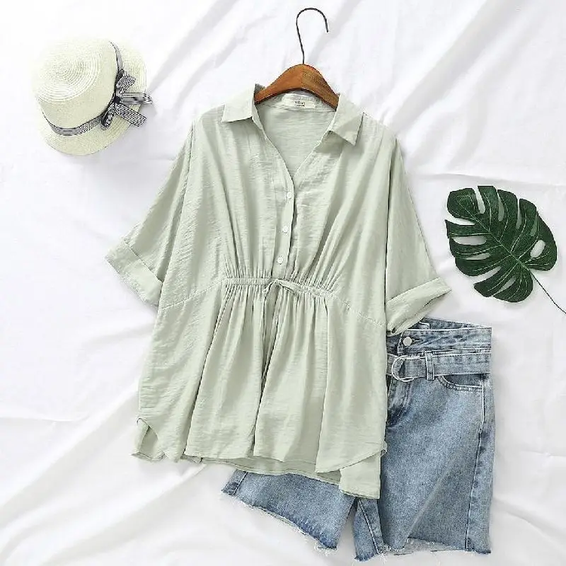 Korean Loose Blouses Women Fas - Short Linen Drawstring incelemesi ve fiyatı