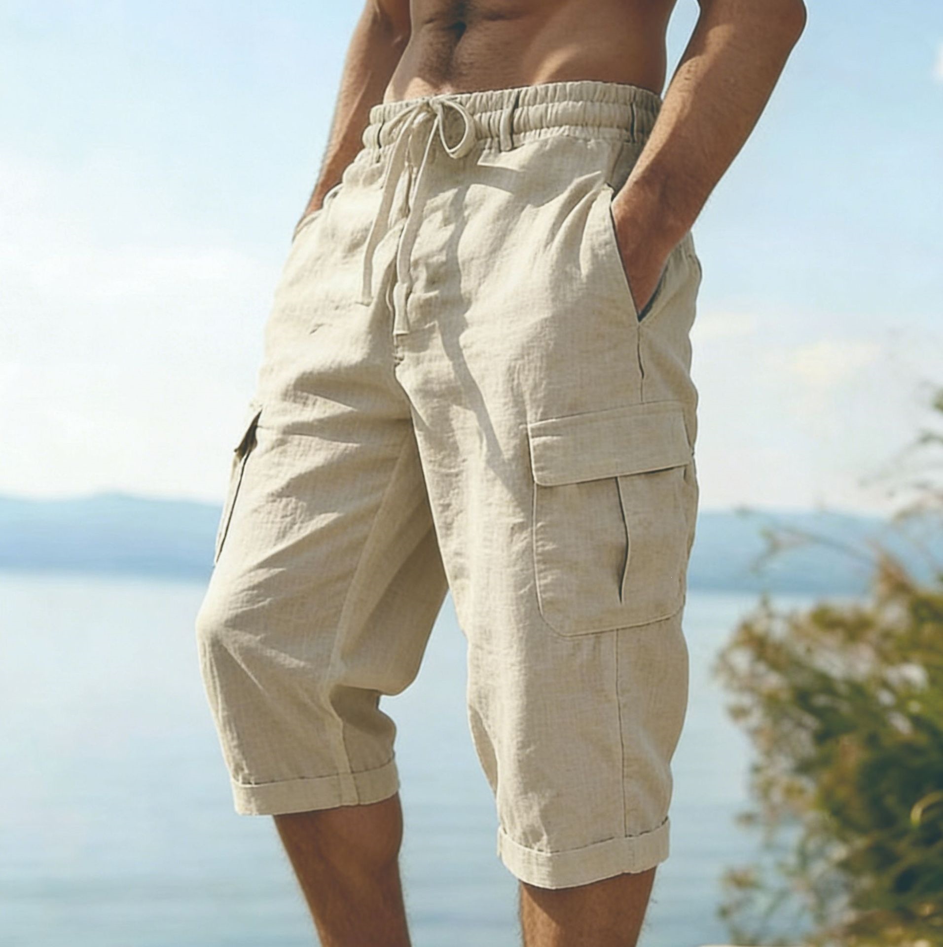 Men Summer Cotton Linen Shorts - Short Linen Drawstring incelemesi ve fiyatı