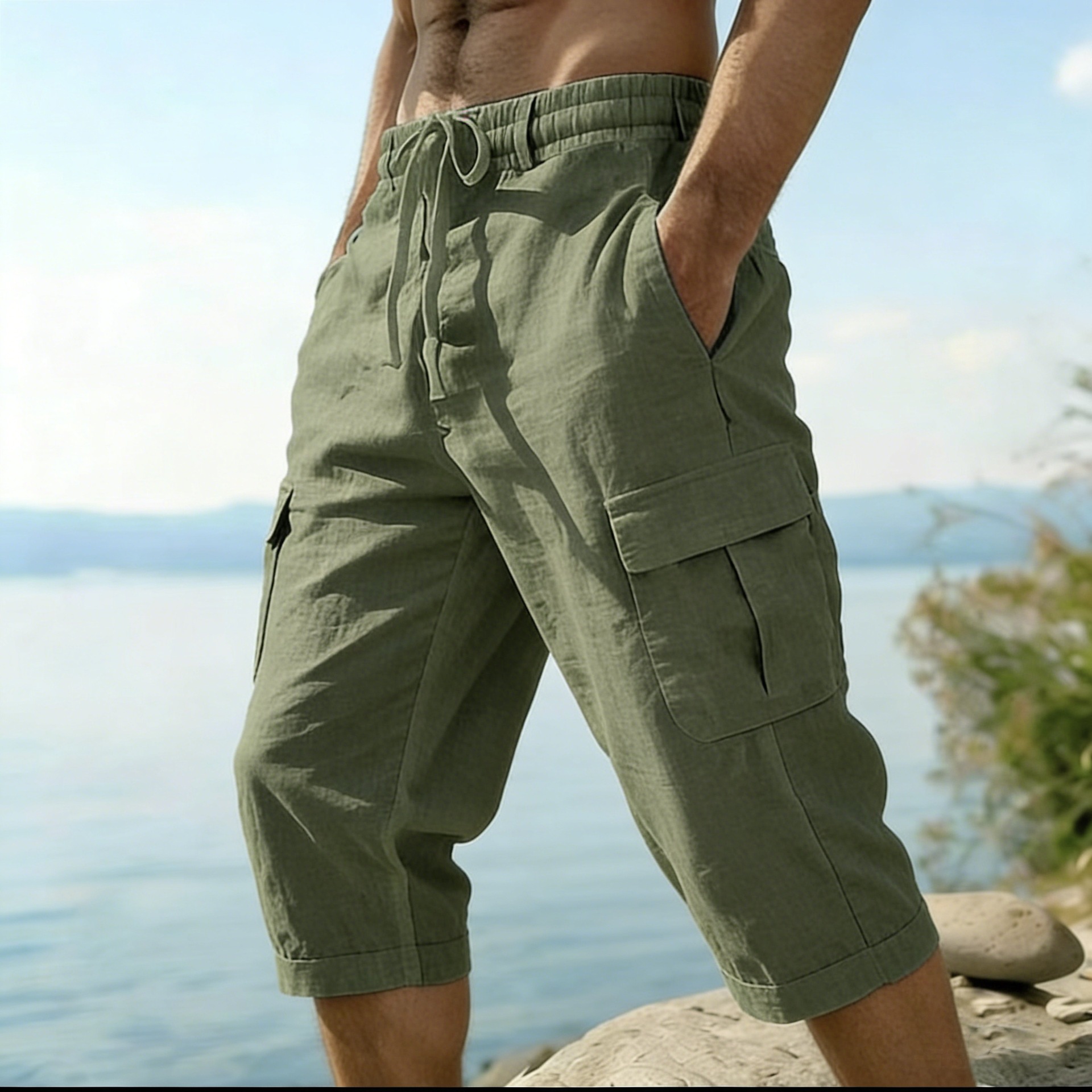 Men Summer Cotton Linen Shorts - Short Linen Drawstring incelemesi ve fiyatı